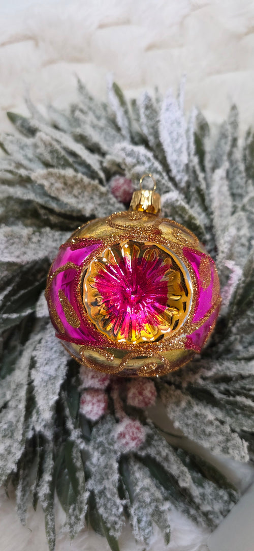 Mix szklanych bombek choinkowych, reflektory 8 cm żółty brokat