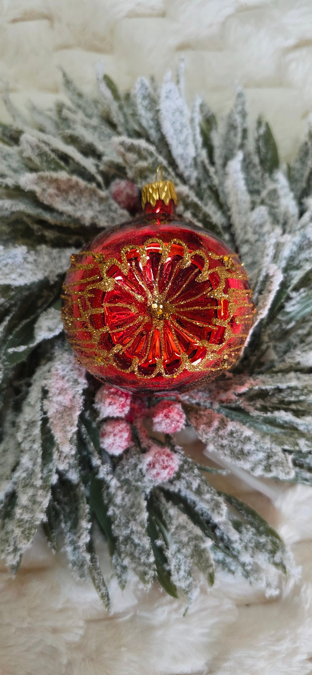 Szklane czerwone bombki latarenki złoty brokat