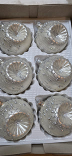 Retro szklane bombki srebne reflektorki, latarenki srebny brokat 8 cm