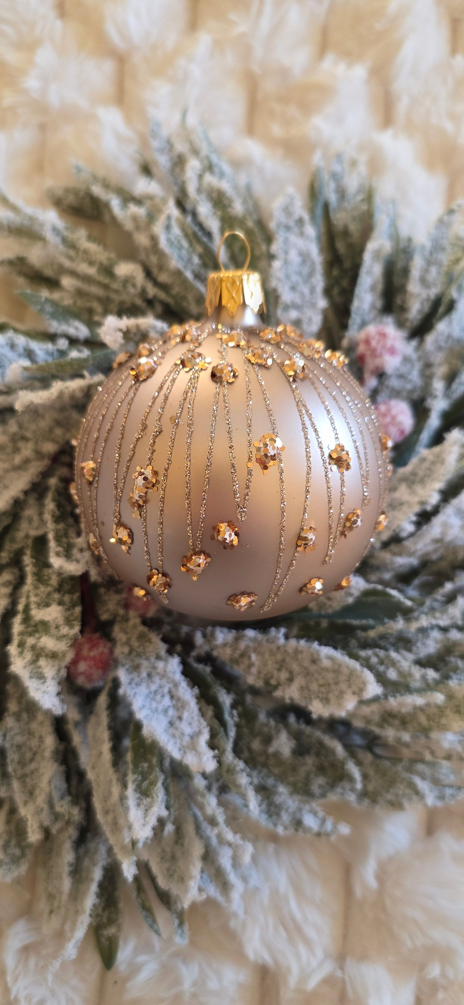 Szklane bombki choinkowe beżowe cappuccino żółty brokat 8 cm