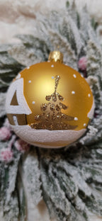 Szklana bombka choinkowa zimowy pejzaż scenka zimowa złoty mat Ręcznie malowane