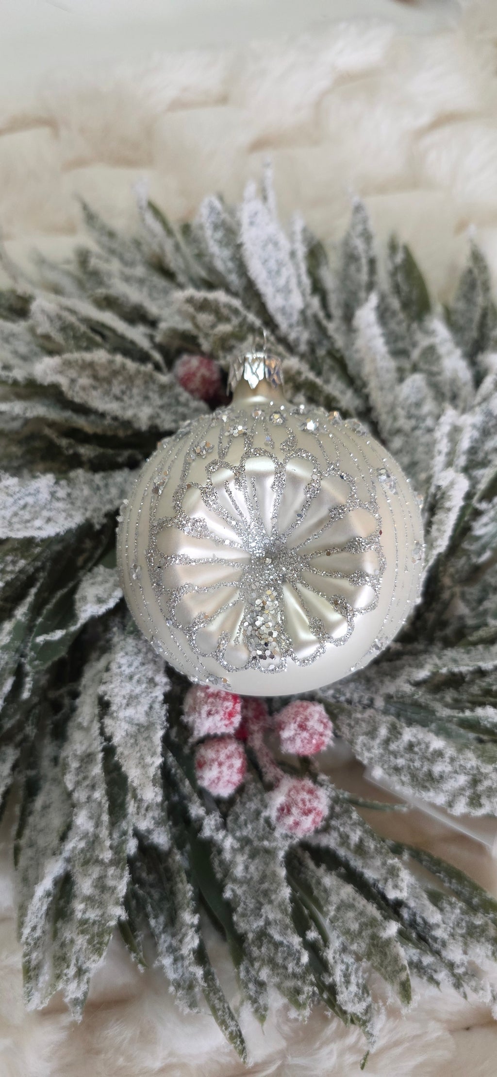 Retro szklane bombki srebne reflektorki, latarenki srebny brokat 8 cm