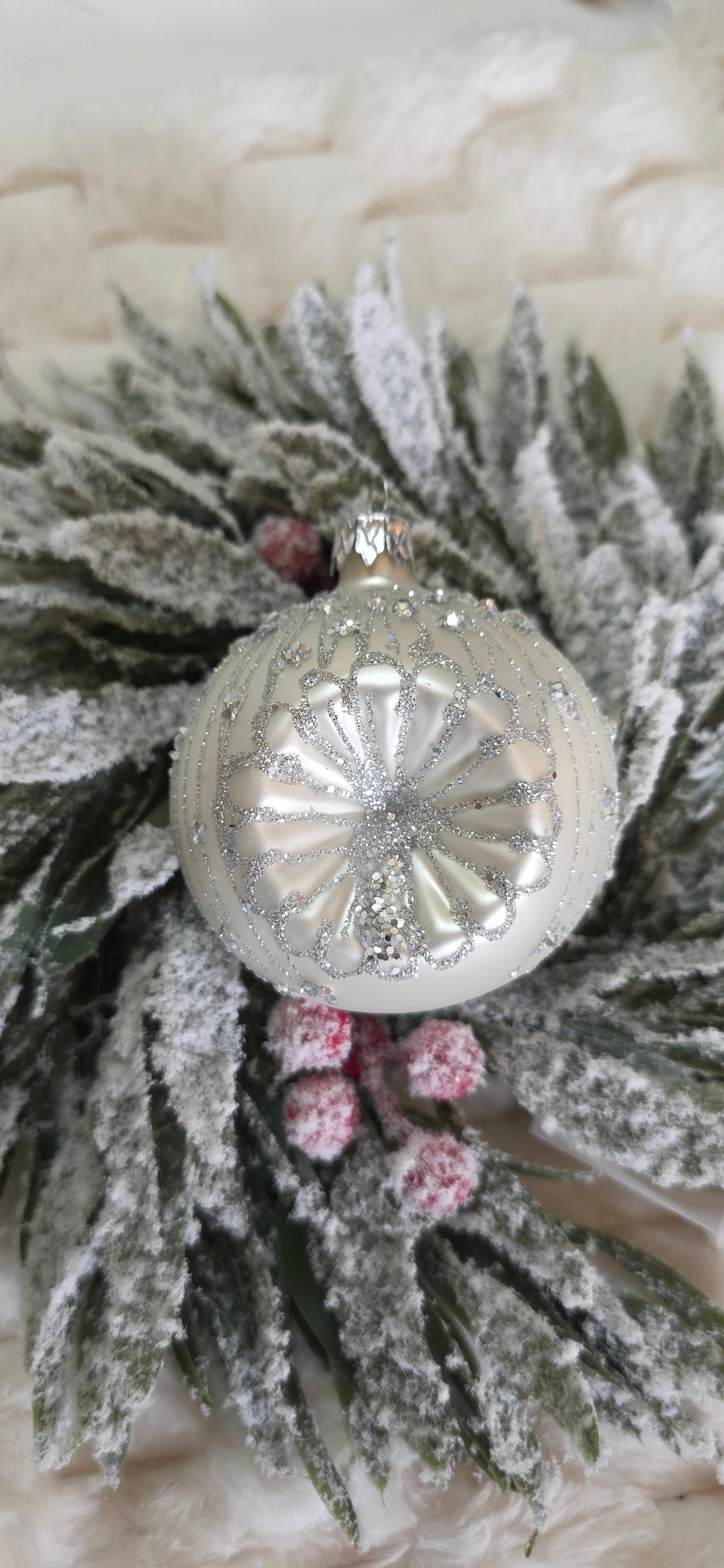 Retro szklane bombki srebne reflektorki, latarenki srebny brokat 8 cm