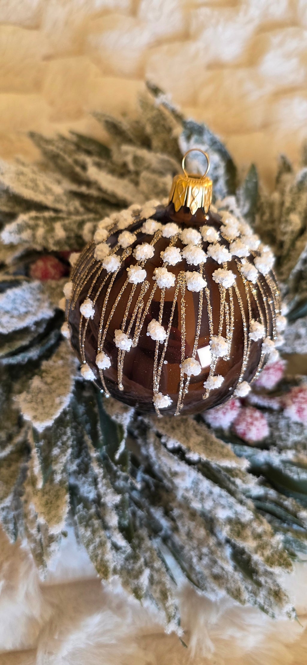 Szklane bombki choinkowe czekolada perła białe zdobienie