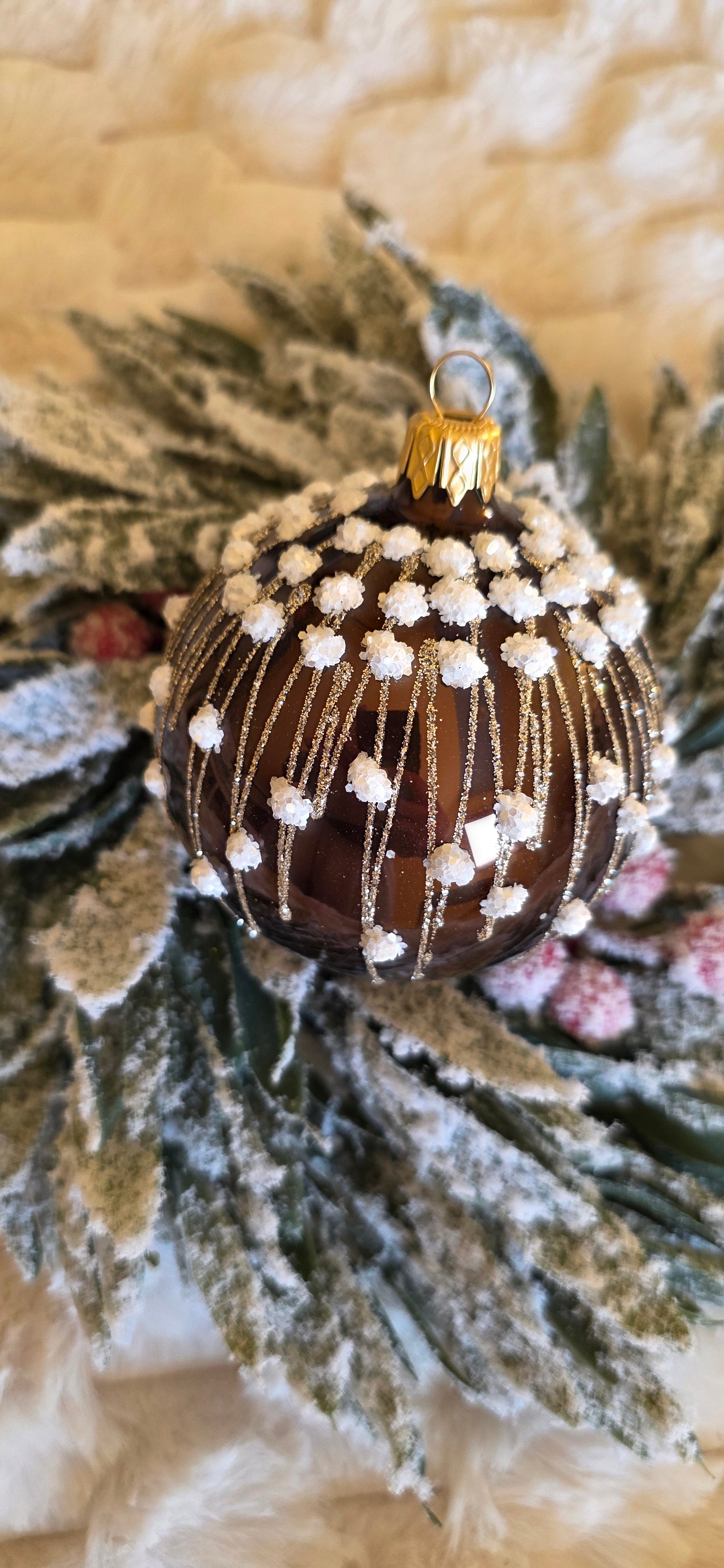 Szklane bombki choinkowe czekolada perła białe zdobienie