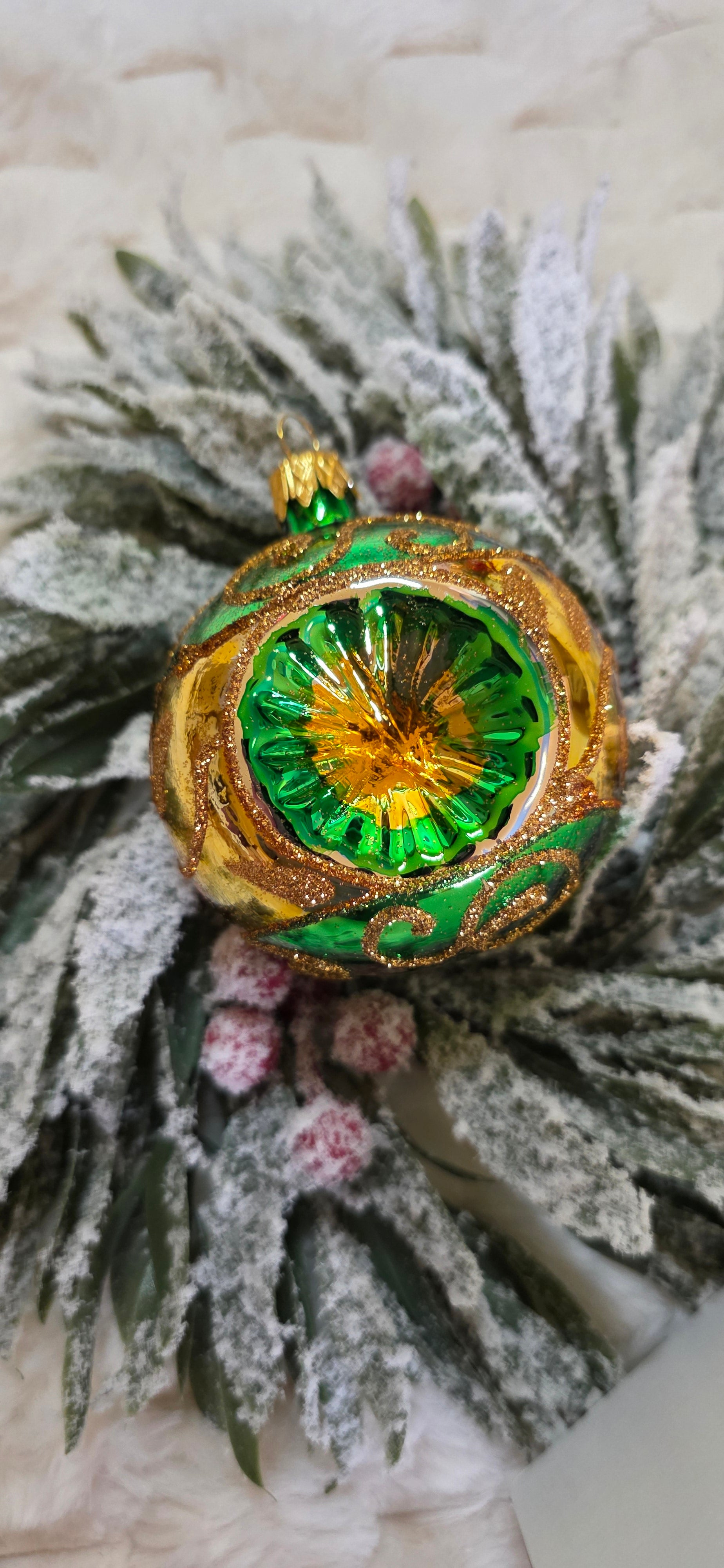 Mix szklanych bombek choinkowych, reflektory 8 cm żółty brokat