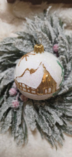 Ręcznie malowane szklane bombki choinkowe zimowy pejzaż scenka zimowa Biały mat